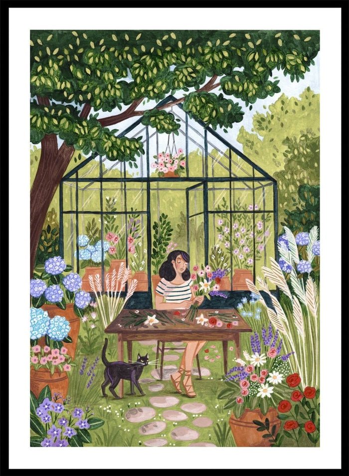 Garden Flower Arranging by Caroline Bonne Müller is a floral garden art print featuring greenhouse, woman arranging flowers, cat illustration, and modern aesthetic botanical scene.