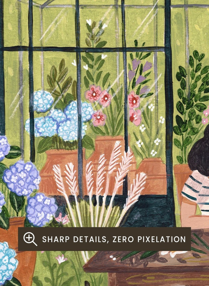 Garden Flower Arranging by Caroline Bonne Müller is a floral garden art print featuring greenhouse, woman arranging flowers, cat illustration, and modern aesthetic botanical scene.