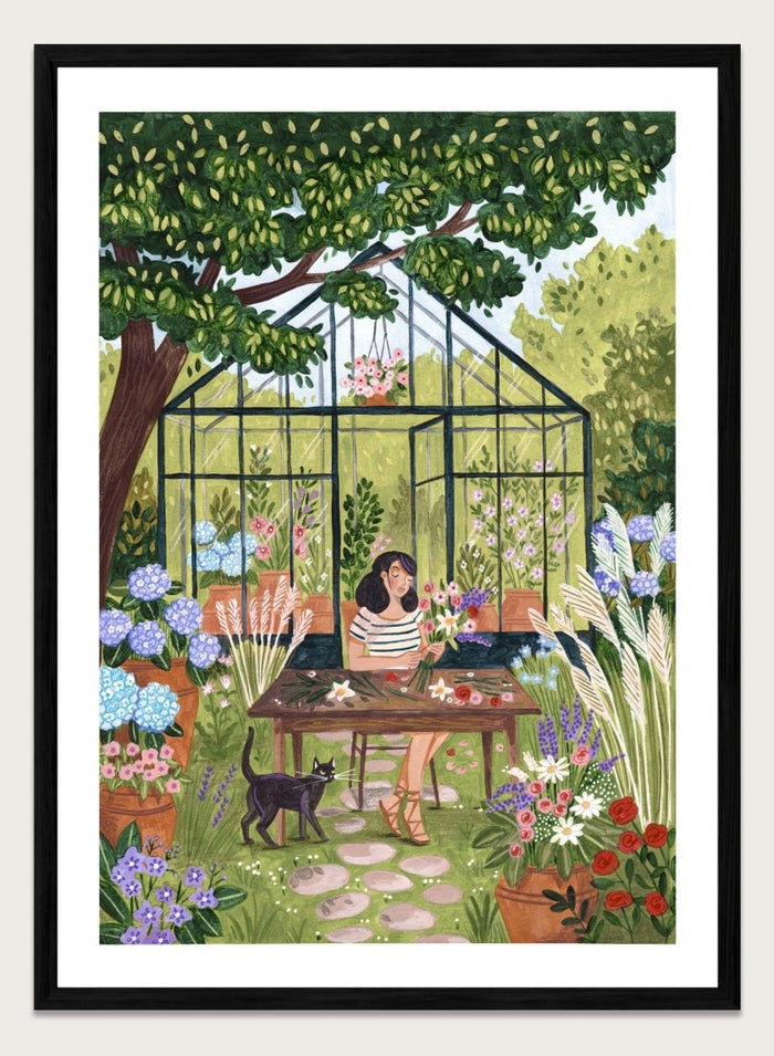 Garden Flower Arranging by Caroline Bonne Müller is a floral garden art print featuring greenhouse, woman arranging flowers, cat illustration, and modern aesthetic botanical scene.