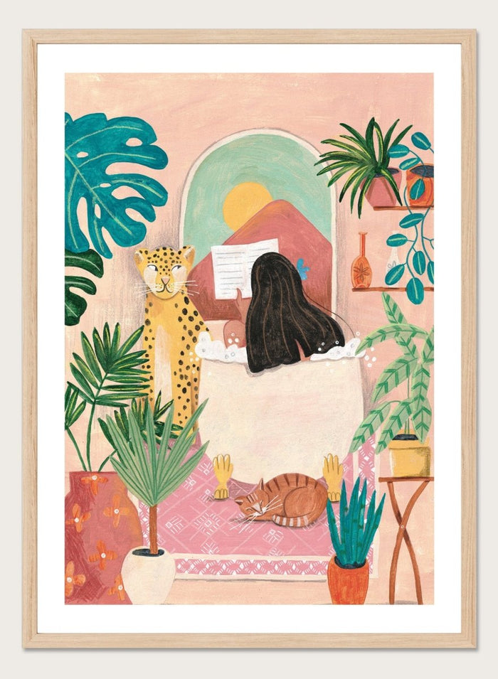 Illustration of a woman reading a book with a leopard and cat in a room filled with plants. Girl Reading Tropical Bath by Caroline Bonne Müller fine art print, wall art poster with bold color, tropical interior, modern playful aesthetic design.