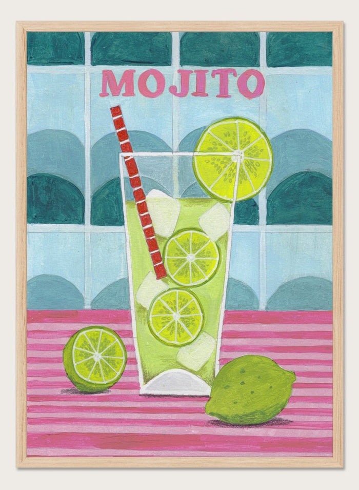 Illustration of a mojito cocktail with lime slices and a red straw on a tiled background. Glass of Mojito by Caroline Bonne Müller is a fine art print and wall poster featuring a lime mojito, citrus slices, and bold tiled background.