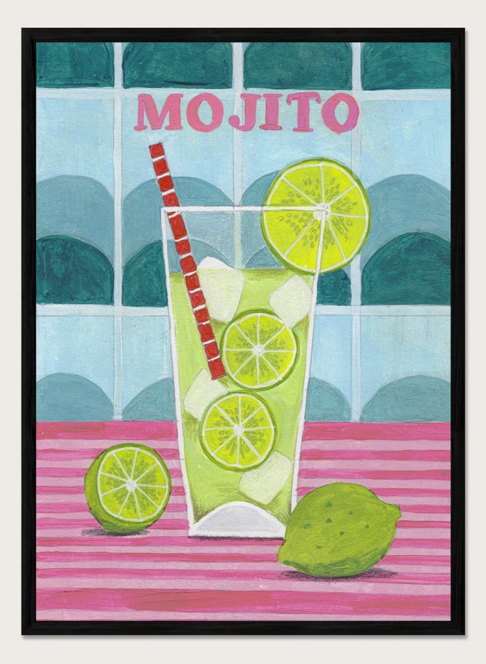 Illustration of a mojito cocktail with lime slices and a red straw on a tiled background. Glass of Mojito by Caroline Bonne Müller is a fine art print and wall poster featuring a lime mojito, citrus slices, and bold tiled background.