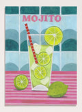 Illustration of a mojito cocktail with lime slices and a red straw on a tiled background. Glass of Mojito by Caroline Bonne Müller is a fine art print and wall poster featuring a lime mojito, citrus slices, and bold tiled background.