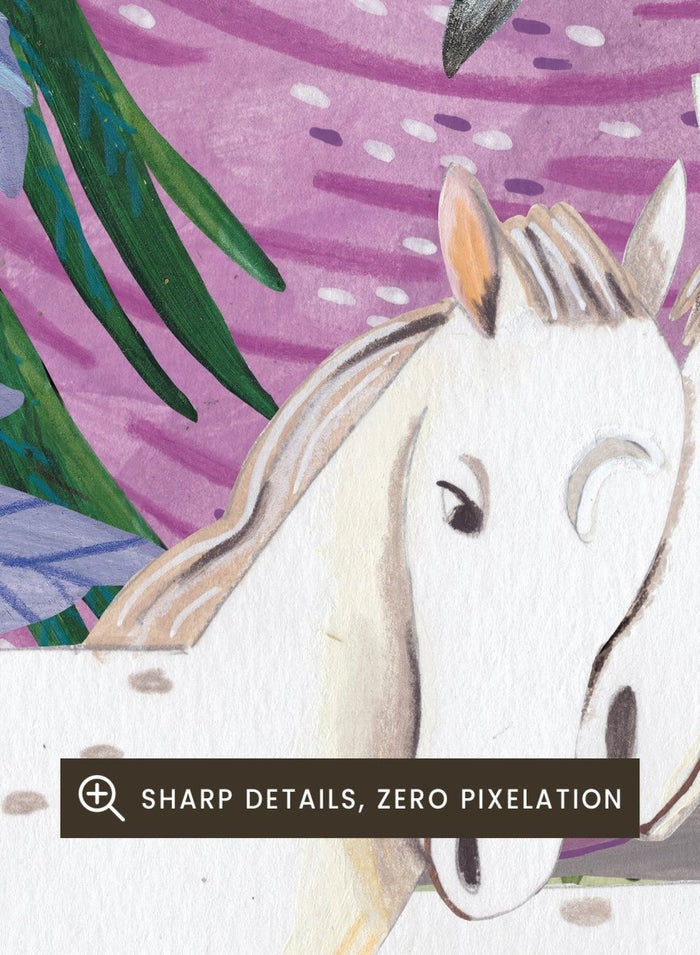 Framed artwork of two horses in a colorful forest scene with flowers and mountains. Horses in the Mountains by Caroline Bonne Müller is a fine art print and wall poster featuring two white horses surrounded by colorful flowers in a mountain landscape.