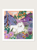Framed artwork of two horses in a colorful forest scene with flowers and mountains. Horses in the Mountains by Caroline Bonne Müller is a fine art print and wall poster featuring two white horses surrounded by colorful flowers in a mountain landscape.