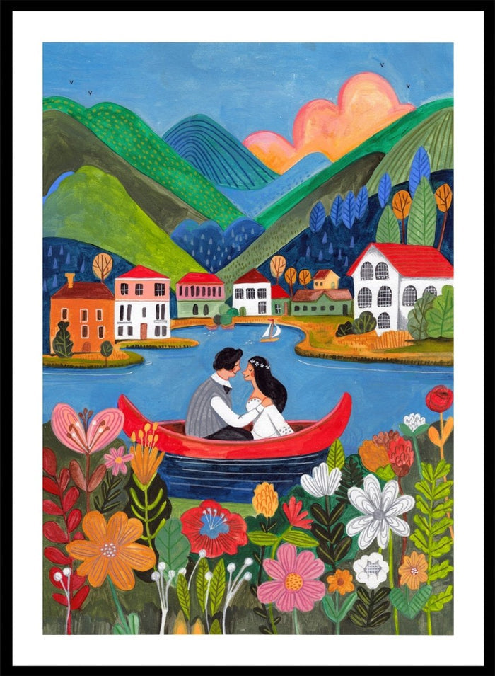 Couple in a red boat on a lake with mountains and houses in the background, surrounded by colorful flowers. Just Married Couple in a Boat by Caroline Bonne Müller is a romantic art print featuring couple illustration, lake scene, colorful flowers, and modern aesthetic wedding artwork.