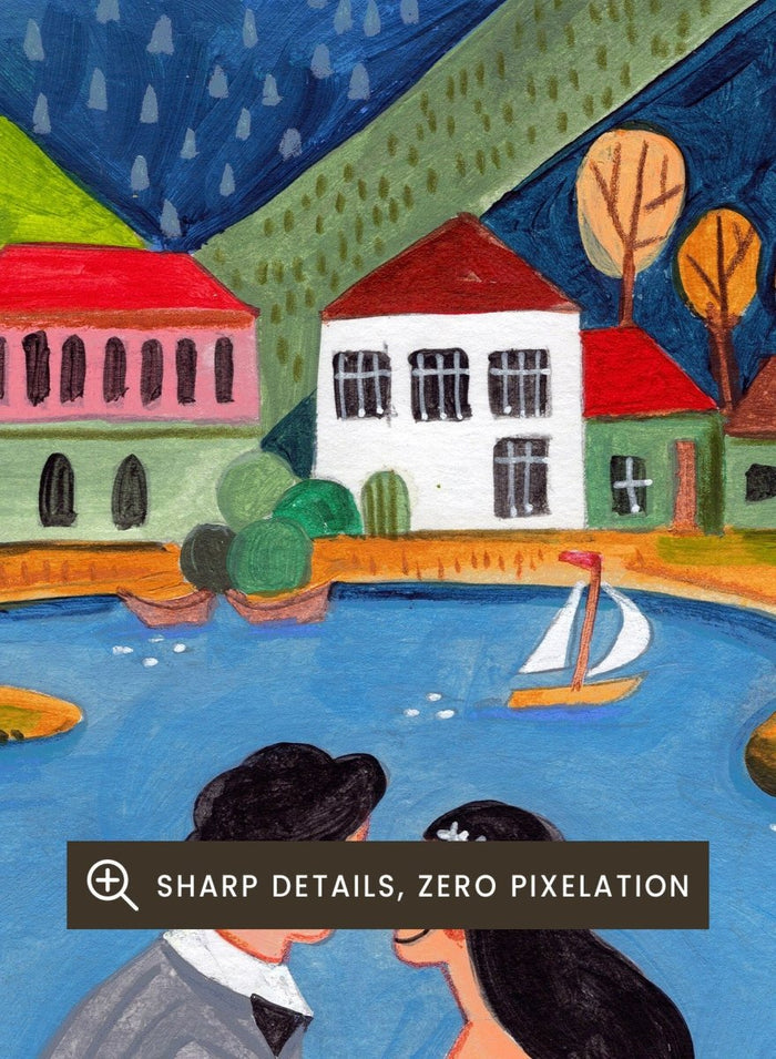 Couple in a red boat on a lake with mountains and houses in the background, surrounded by colorful flowers. Just Married Couple in a Boat by Caroline Bonne Müller is a romantic art print featuring couple illustration, lake scene, colorful flowers, and modern aesthetic wedding artwork.