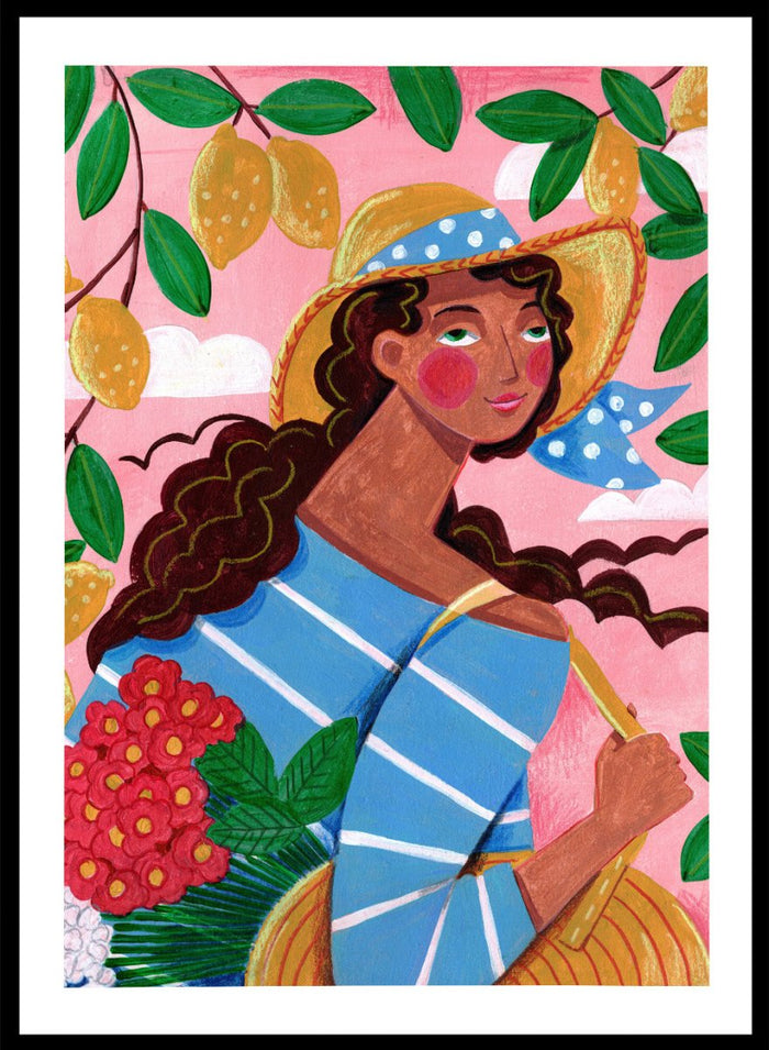 Colorful artwork of a woman with braided hair, wearing a straw hat and striped shirt, against a pink background with lemons and flowers. Lemon Tree Summer by Caroline Bonne Müller is a fine art print and wall poster of a woman under lemon branches with flowers in a bright modern aesthetic.