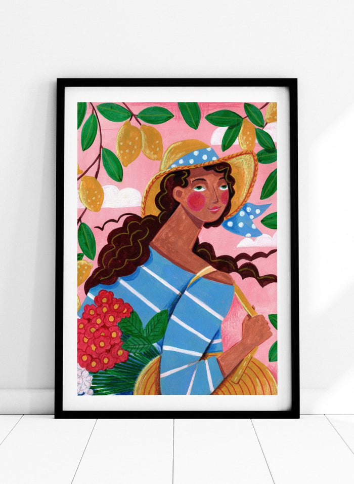 Colorful artwork of a woman with braided hair, wearing a straw hat and striped shirt, against a pink background with lemons and flowers. Lemon Tree Summer by Caroline Bonne Müller is a fine art print and wall poster of a woman under lemon branches with flowers in a bright modern aesthetic.