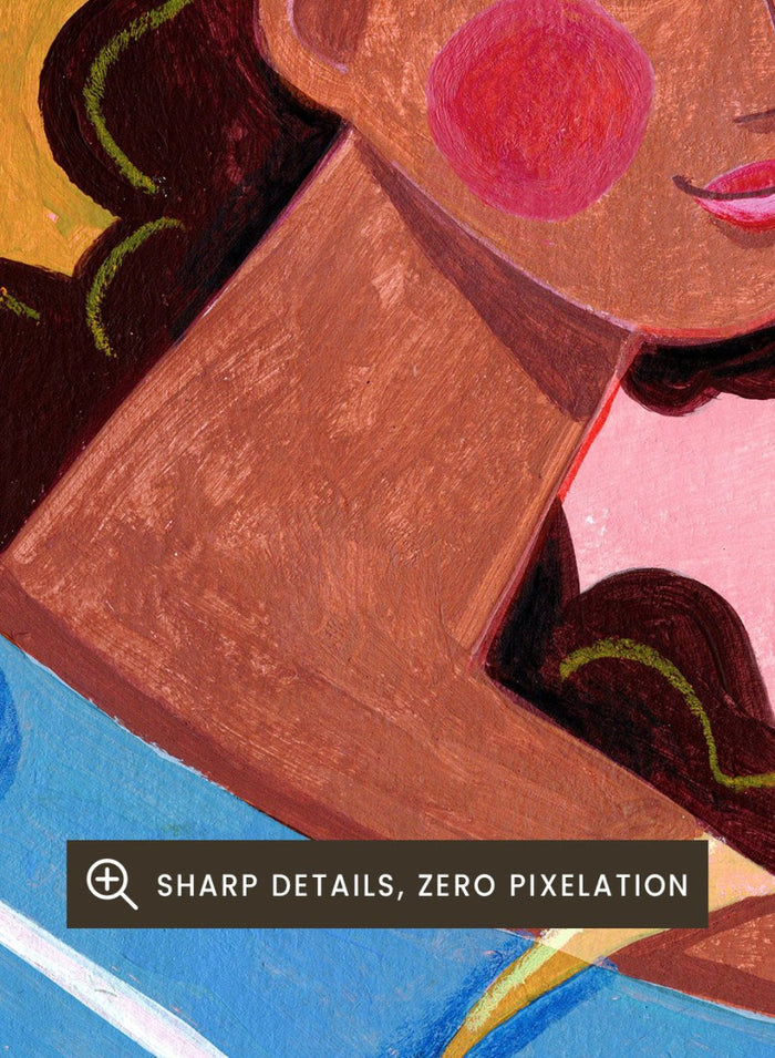 Colorful artwork of a woman with braided hair, wearing a straw hat and striped shirt, against a pink background with lemons and flowers. Lemon Tree Summer by Caroline Bonne Müller is a fine art print and wall poster of a woman under lemon branches with flowers in a bright modern aesthetic.
