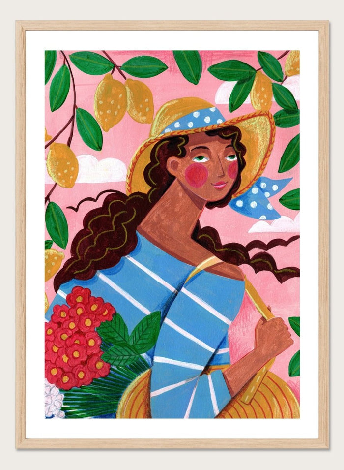 Colorful artwork of a woman with braided hair, wearing a straw hat and striped shirt, against a pink background with lemons and flowers. Lemon Tree Summer by Caroline Bonne Müller is a fine art print and wall poster of a woman under lemon branches with flowers in a bright modern aesthetic.