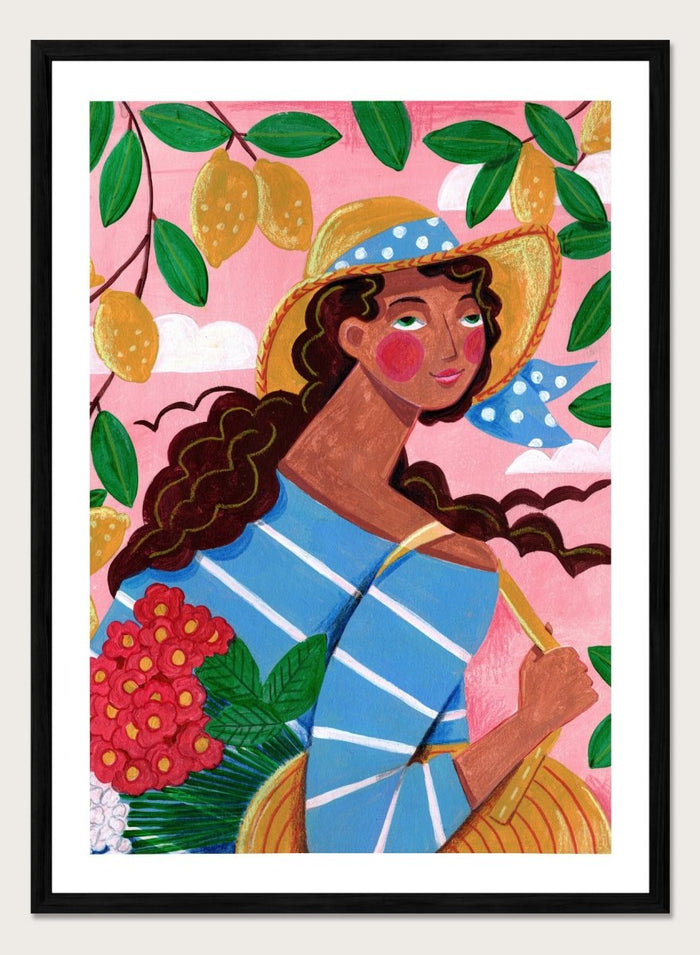 Colorful artwork of a woman with braided hair, wearing a straw hat and striped shirt, against a pink background with lemons and flowers. Lemon Tree Summer by Caroline Bonne Müller is a fine art print and wall poster of a woman under lemon branches with flowers in a bright modern aesthetic.