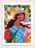 Colorful artwork of a woman with braided hair, wearing a straw hat and striped shirt, against a pink background with lemons and flowers. Lemon Tree Summer by Caroline Bonne Müller is a fine art print and wall poster of a woman under lemon branches with flowers in a bright modern aesthetic.
