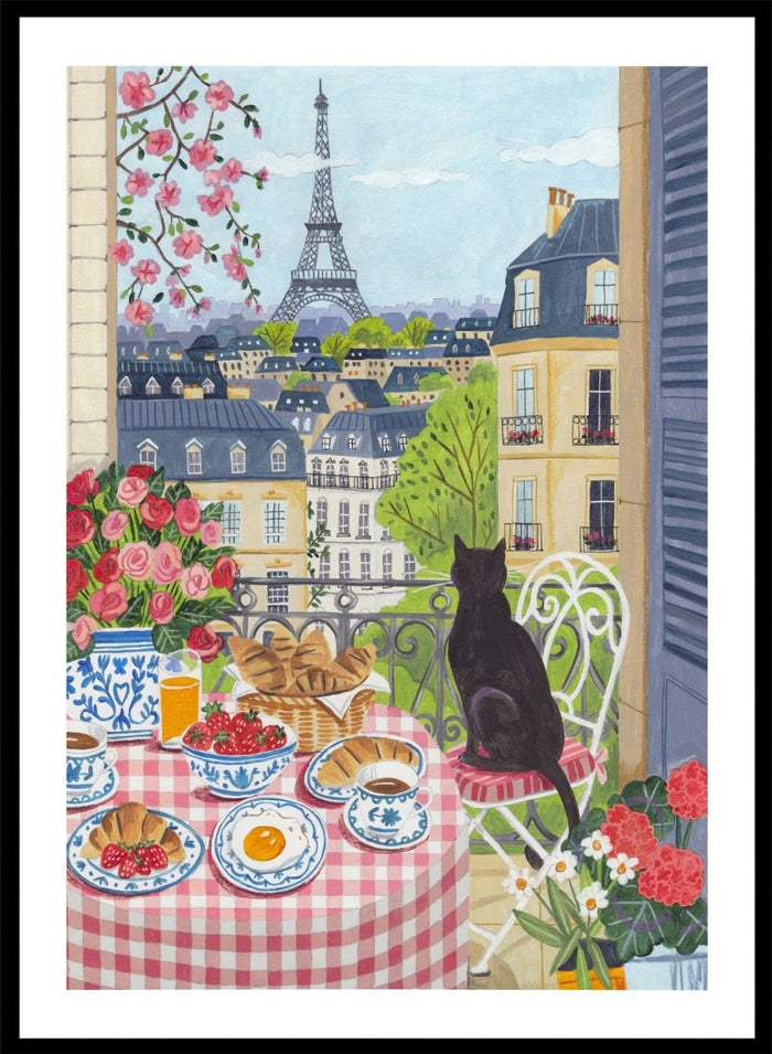 Parisian scene with a cat, table setting, and Eiffel Tower view. Paris Balcony Breakfast by Caroline Bonne Müller is a colorful Paris art print featuring Eiffel Tower view, breakfast table, cat illustration, and modern aesthetic city scene.