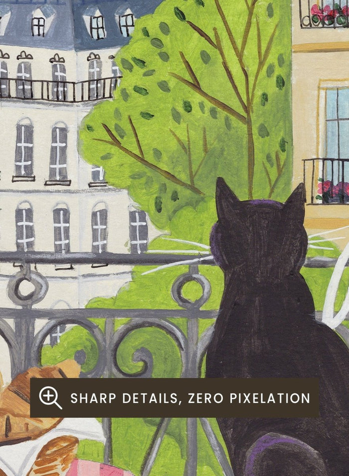Parisian scene with a cat, table setting, and Eiffel Tower view. Paris Balcony Breakfast by Caroline Bonne Müller is a colorful Paris art print featuring Eiffel Tower view, breakfast table, cat illustration, and modern aesthetic city scene.