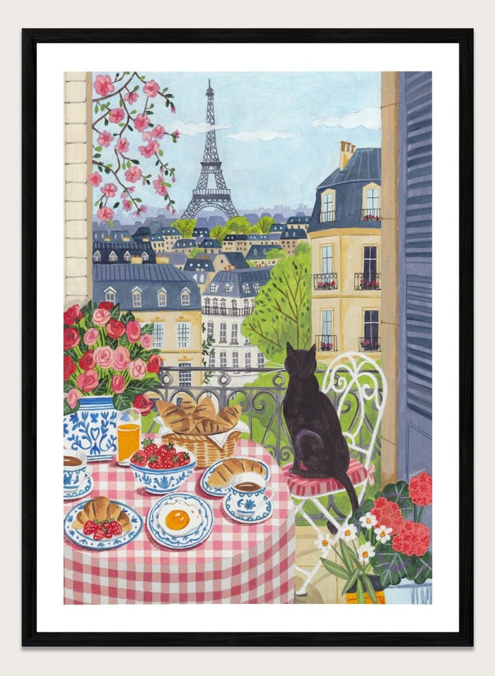 Parisian scene with a cat, table setting, and Eiffel Tower view. Paris Balcony Breakfast by Caroline Bonne Müller is a colorful Paris art print featuring Eiffel Tower view, breakfast table, cat illustration, and modern aesthetic city scene.