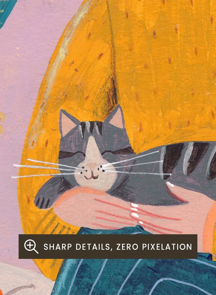 Illustration of a woman in a yellow sweater holding a cat, sitting by a table with flowers on a pink background. Peaceful Woman and Cat by Caroline Bonne Müller is a fine art print and wall poster featuring a woman holding a cat beside a floral arrangement.