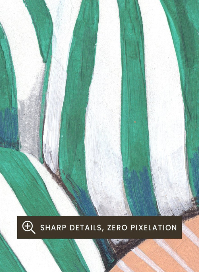 Artistic illustration of a person holding a potted plant with a colorful background. Peaceful Woman Home by Caroline Bonne Müller is a fine art print and wall poster of a woman seated indoors with flowers and striped patterns.