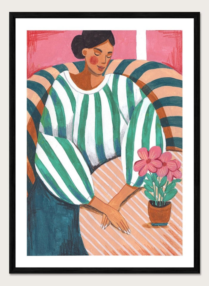 Artistic illustration of a person holding a potted plant with a colorful background. Peaceful Woman Home by Caroline Bonne Müller is a fine art print and wall poster of a woman seated indoors with flowers and striped patterns.