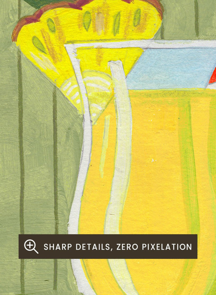 Illustration of a pina colada drink with pineapple slices on a checkered tablecloth. Piña Colada Summer Drink by Caroline Bonne Müller is a fine art print and wall poster of a pineapple cocktail with striped straw and green table setting.
