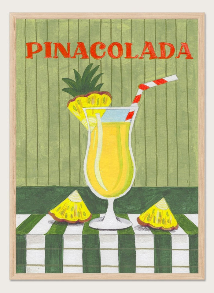 Illustration of a pina colada drink with pineapple slices on a checkered tablecloth. Piña Colada Summer Drink by Caroline Bonne Müller is a fine art print and wall poster of a pineapple cocktail with striped straw and green table setting.