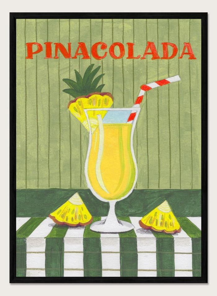 Illustration of a pina colada drink with pineapple slices on a checkered tablecloth. Piña Colada Summer Drink by Caroline Bonne Müller is a fine art print and wall poster of a pineapple cocktail with striped straw and green table setting.
