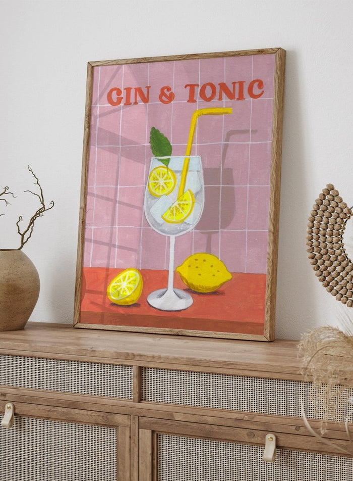 Illustration of a gin and tonic with lemon slices and a straw on a tiled background. Refreshing Gin Tonic by Caroline Bonne Müller is a fine art print and wall poster of a gin and tonic with lemon slices, mint leaf, ice, and pink tile background.