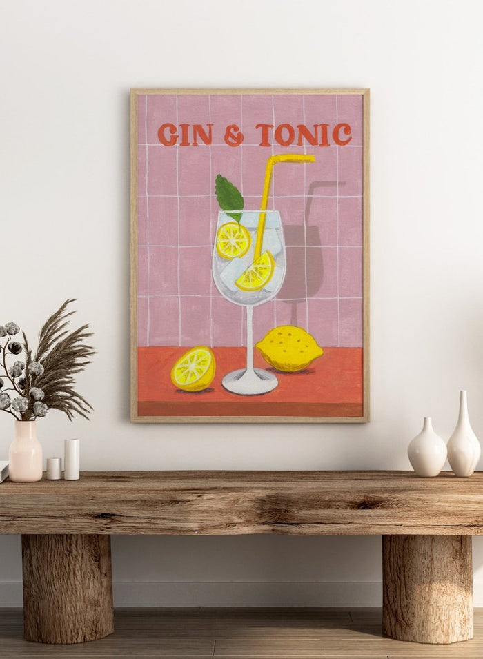 Illustration of a gin and tonic with lemon slices and a straw on a tiled background. Refreshing Gin Tonic by Caroline Bonne Müller is a fine art print and wall poster of a gin and tonic with lemon slices, mint leaf, ice, and pink tile background.