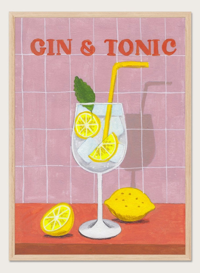 Illustration of a gin and tonic with lemon slices and a straw on a tiled background. Refreshing Gin Tonic by Caroline Bonne Müller is a fine art print and wall poster of a gin and tonic with lemon slices, mint leaf, ice, and pink tile background.