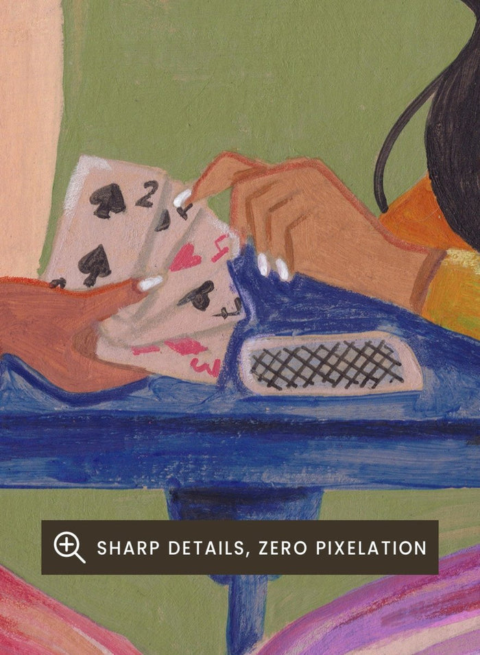 Two women playing cards at a table with colorful clothing and hats against a green background. Stylish Women Play Cards by Caroline Bonne Müller is a fine art print and wall poster featuring two fashionable women playing cards at a table.