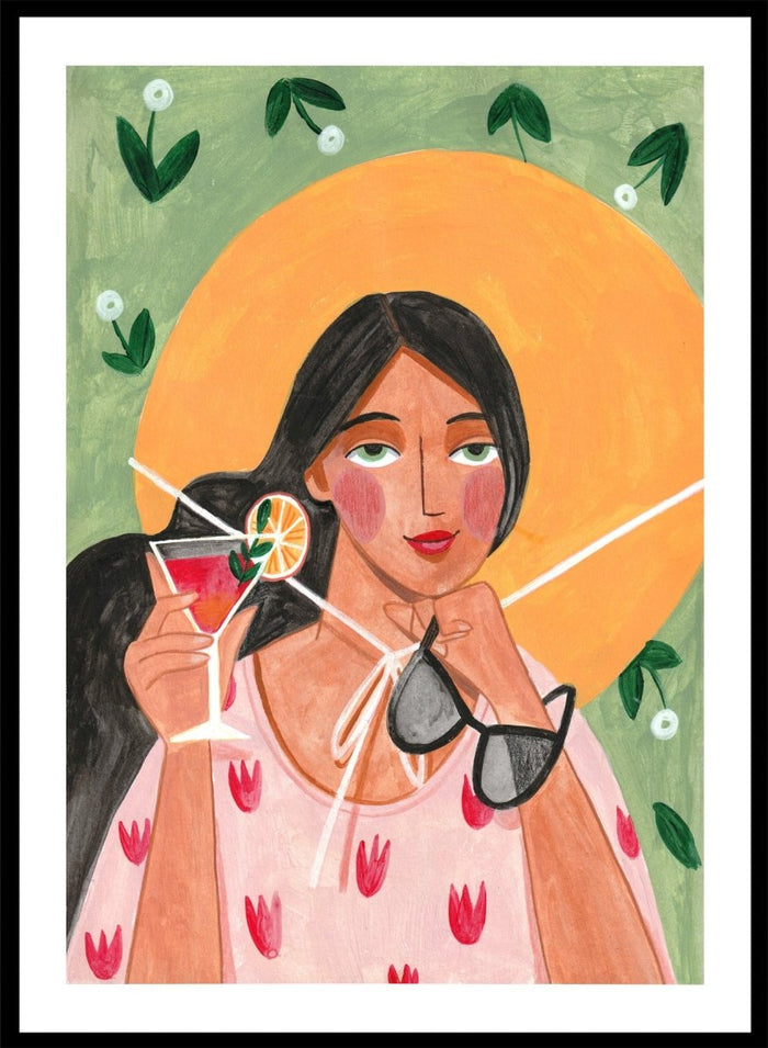 Illustration of a woman holding a cocktail and sunglasses with a sun and foliage background. Summer Woman Cocktail Hat by Caroline Bonne Müller is a fine art print and wall poster featuring a woman holding a cocktail with a bold yellow hat and bright summer colors.