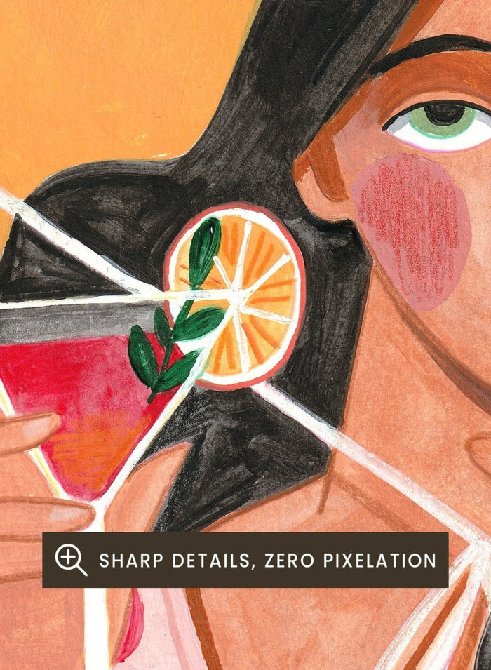 Illustration of a woman holding a cocktail and sunglasses with a sun and foliage background. Summer Woman Cocktail Hat by Caroline Bonne Müller is a fine art print and wall poster featuring a woman holding a cocktail with a bold yellow hat and bright summer colors.