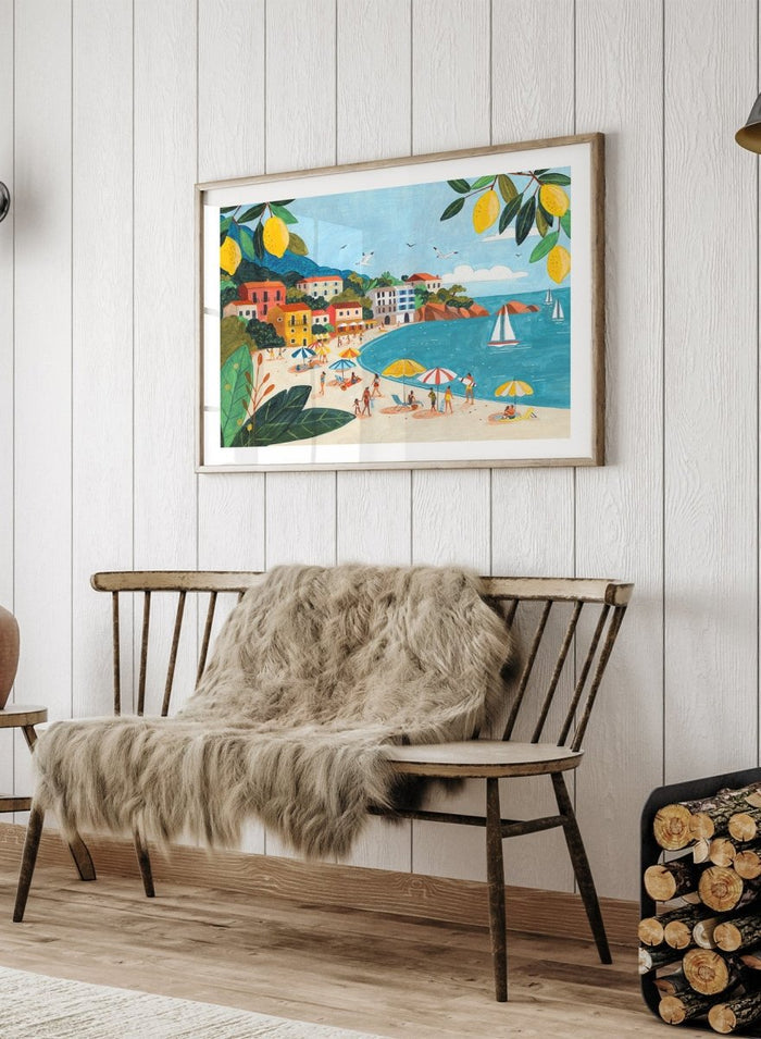 Framed artwork of a beach scene with people, umbrellas, and sailboats. Sunny Lemon Coastal Town by Caroline Bonne Müller is a colorful coastal art print featuring beach scene, seaside town, lemon branches, and modern aesthetic summer illustration.