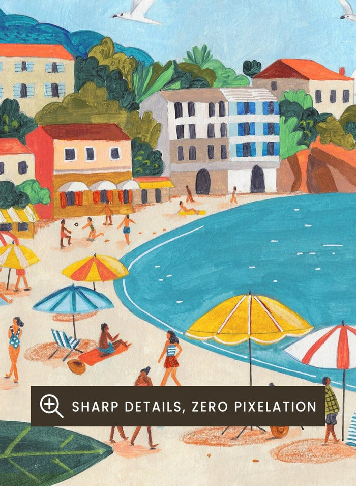 Framed artwork of a beach scene with people, umbrellas, and sailboats. Sunny Lemon Coastal Town by Caroline Bonne Müller is a colorful coastal art print featuring beach scene, seaside town, lemon branches, and modern aesthetic summer illustration.