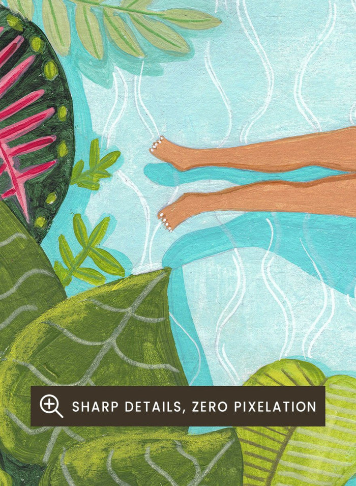 Illustration of a woman swimming in a pool surrounded by tropical plants. Tropical Pool Relaxation by Caroline Bonne Müller is a fine art print and wall poster of a woman floating in a pool surrounded by tropical plants.