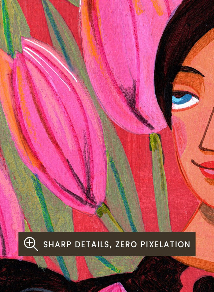Illustration of a woman with floral dress and pink tulips on a red background. Woman portrait art print surrounded by pink tulips on a red background by Caroline Bonne Müller. Colorful floral illustration wall poster, officially licensed.