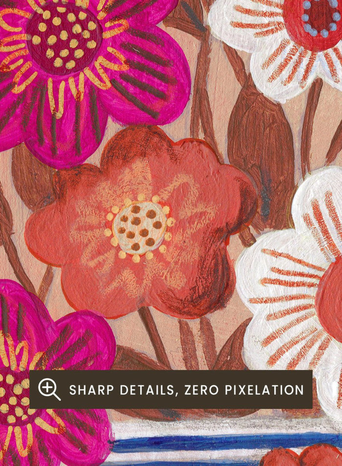 Decorative quilt with a blue and white checkered vase and colorful flowers on a patterned background. Vibrant Checked Vase Flowers by Caroline Bonne Müller is a fine art print and wall poster featuring colorful flowers in a blue checkered vase.