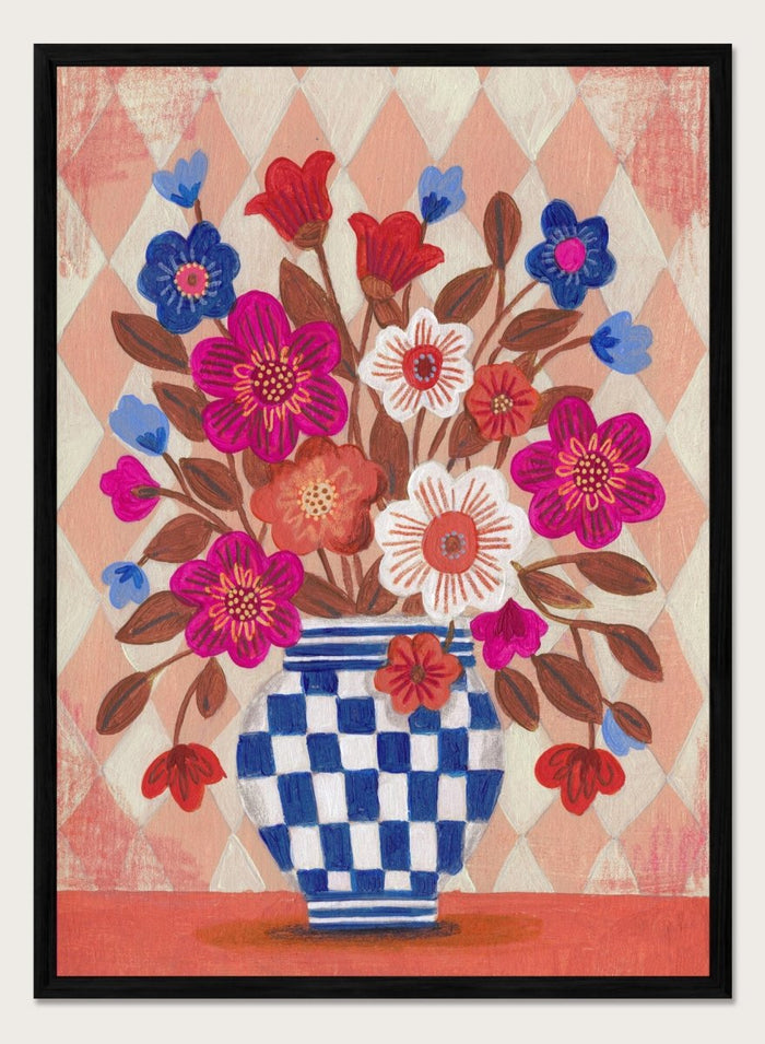 Decorative quilt with a blue and white checkered vase and colorful flowers on a patterned background. Vibrant Checked Vase Flowers by Caroline Bonne Müller is a fine art print and wall poster featuring colorful flowers in a blue checkered vase.