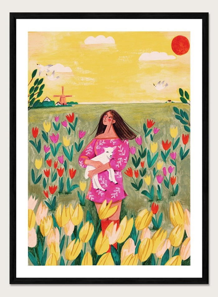 Woman holding a lamb in a field of flowers with a yellow sky and red sun. Woman Lamb Tulip Field by Caroline Bonne Müller is a fine art print and wall poster of a woman holding a lamb in a tulip field with a bright landscape.