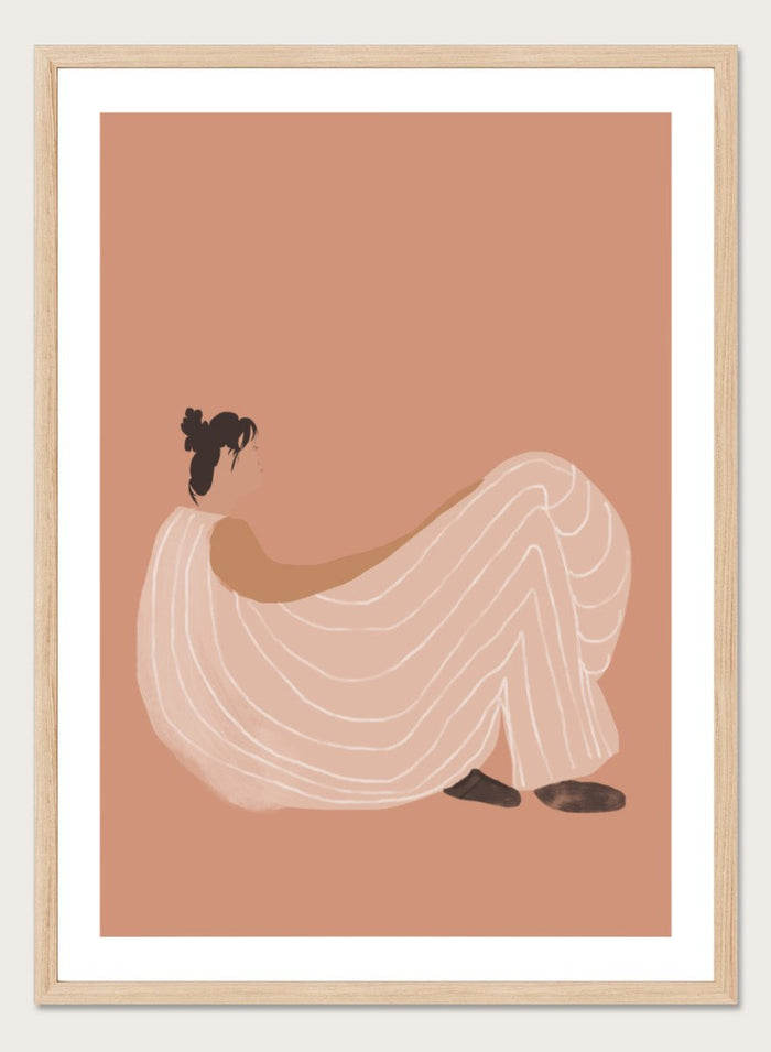 Warm minimalist woman art print by Casa Cartissi featuring soft peach tones and relaxed figure illustration. Contemporary modern wall poster with calm, sunlit aesthetic.