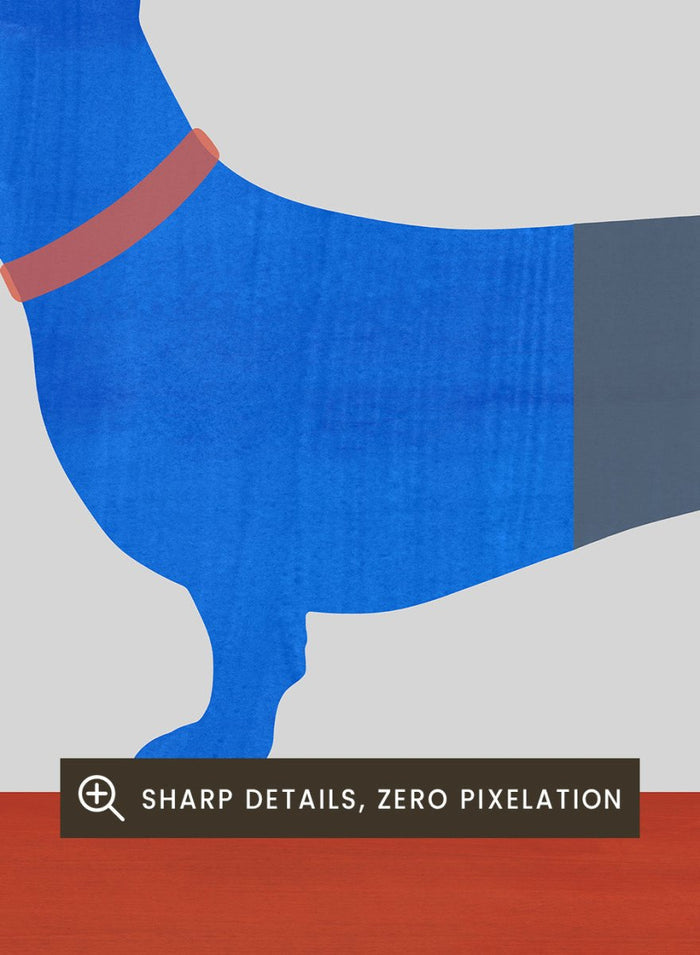 Blue dachshund wall art print by Casa Cartissi featuring a modern butterfly illustration. Contemporary minimalist animal fine art poster with textured shapes and warm color palette.