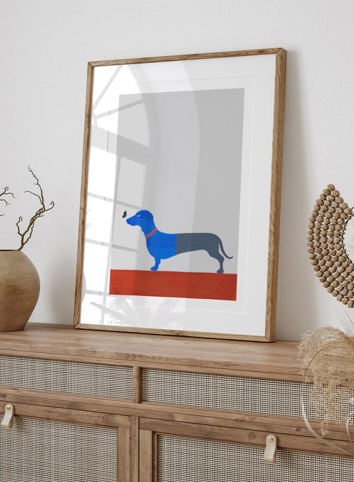 Blue dachshund wall art print by Casa Cartissi featuring a modern butterfly illustration. Contemporary minimalist animal fine art poster with textured shapes and warm color palette.
