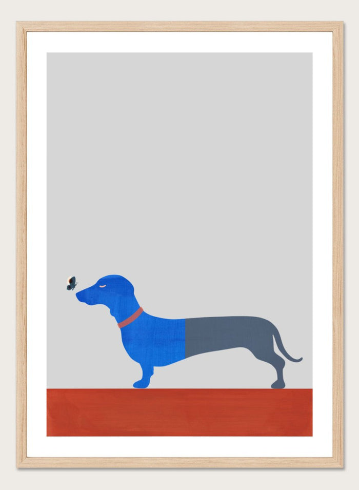 Blue dachshund wall art print by Casa Cartissi featuring a modern butterfly illustration. Contemporary minimalist animal fine art poster with textured shapes and warm color palette.