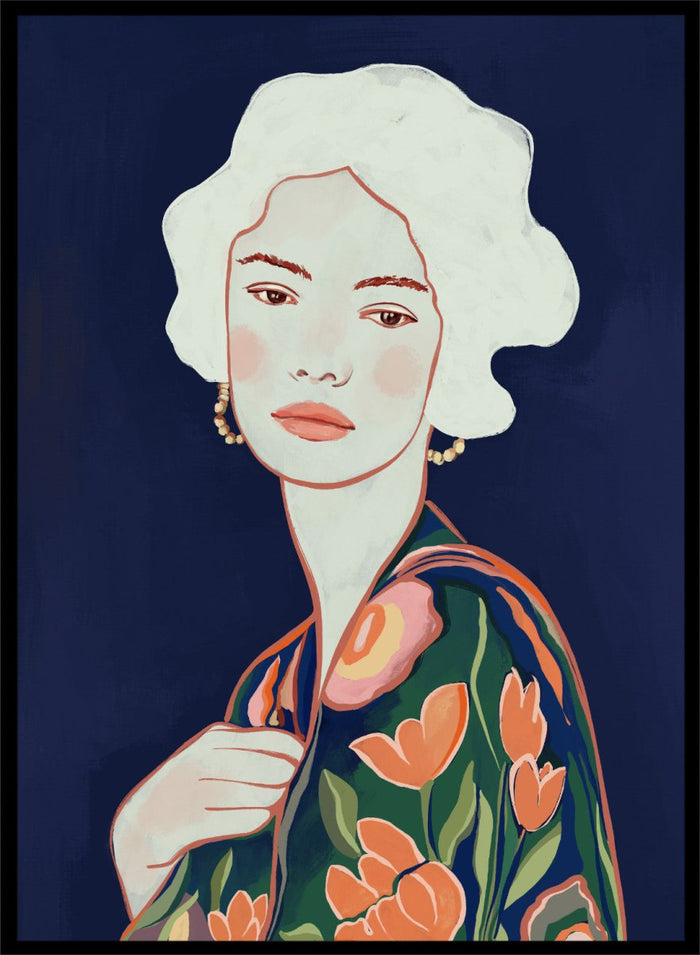 Artistic illustration of a woman wearing a floral dress against a dark background. Elegant Floral Woman by Cats and Dotz is a modern floral portrait art print featuring a woman illustration with bold colors and contemporary aesthetic style.