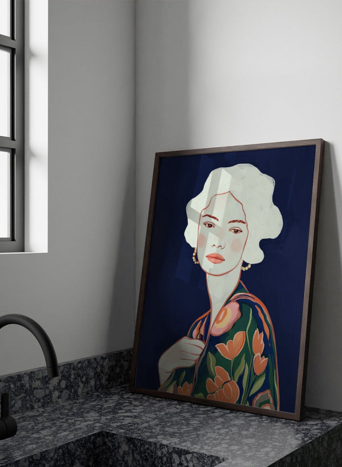 Artistic illustration of a woman wearing a floral dress against a dark background. Elegant Floral Woman by Cats and Dotz is a modern floral portrait art print featuring a woman illustration with bold colors and contemporary aesthetic style.