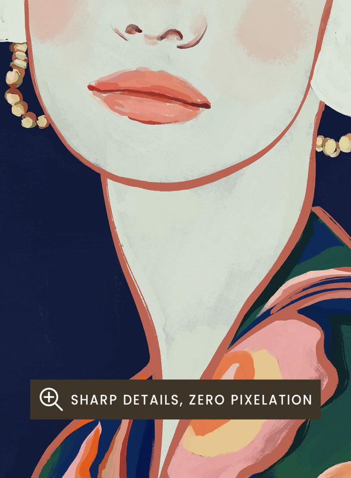 Artistic illustration of a woman wearing a floral dress against a dark background. Elegant Floral Woman by Cats and Dotz is a modern floral portrait art print featuring a woman illustration with bold colors and contemporary aesthetic style.