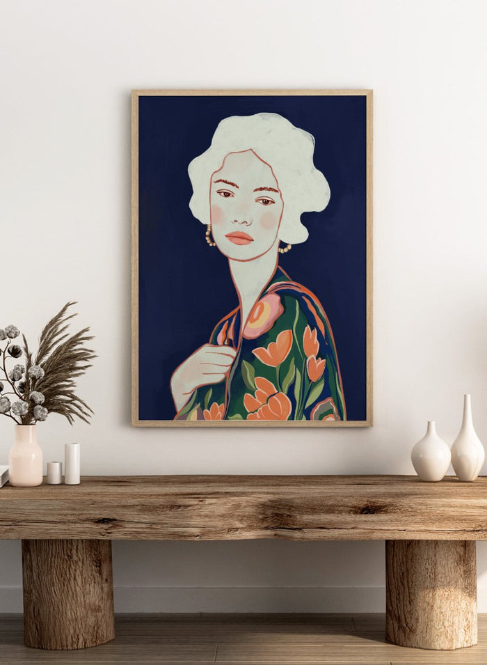 Artistic illustration of a woman wearing a floral dress against a dark background. Elegant Floral Woman by Cats and Dotz is a modern floral portrait art print featuring a woman illustration with bold colors and contemporary aesthetic style.