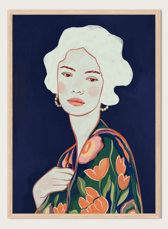 Artistic illustration of a woman wearing a floral dress against a dark background. Elegant Floral Woman by Cats and Dotz is a modern floral portrait art print featuring a woman illustration with bold colors and contemporary aesthetic style.