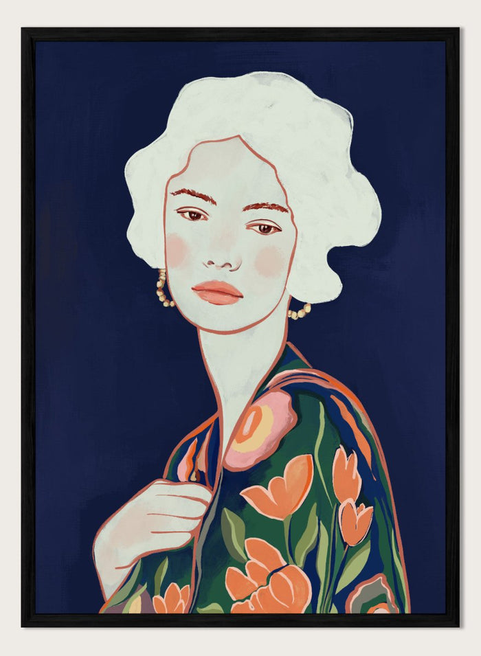 Artistic illustration of a woman wearing a floral dress against a dark background. Elegant Floral Woman by Cats and Dotz is a modern floral portrait art print featuring a woman illustration with bold colors and contemporary aesthetic style.