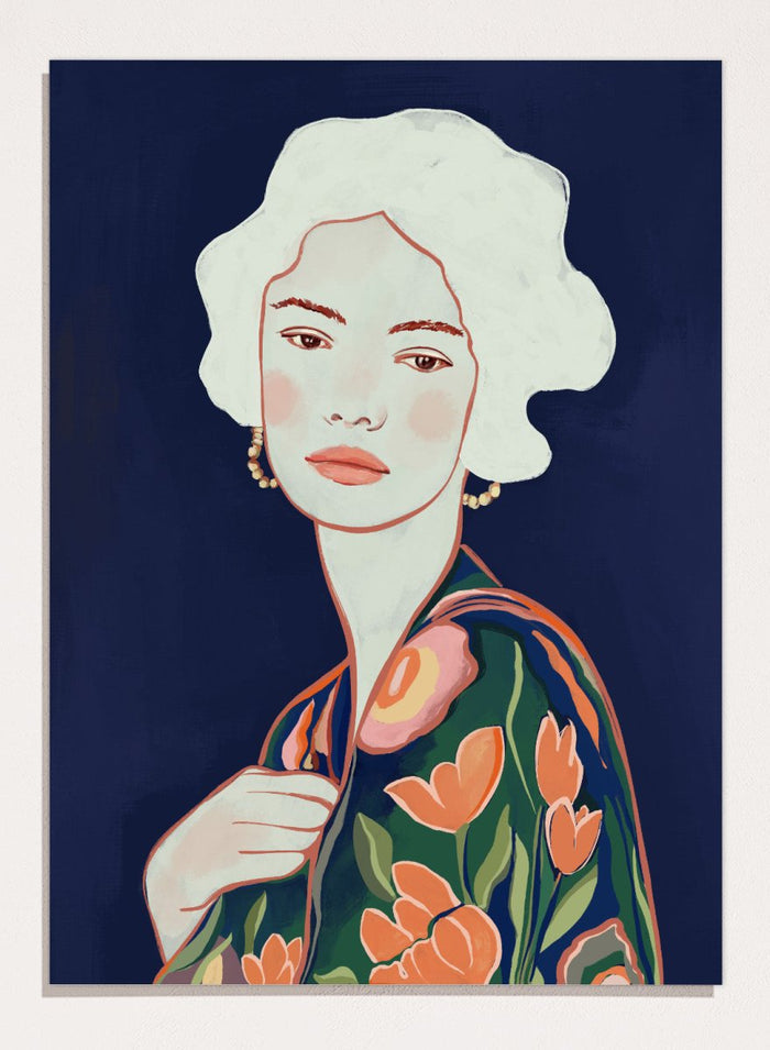 Artistic illustration of a woman wearing a floral dress against a dark background. Elegant Floral Woman by Cats and Dotz is a modern floral portrait art print featuring a woman illustration with bold colors and contemporary aesthetic style.